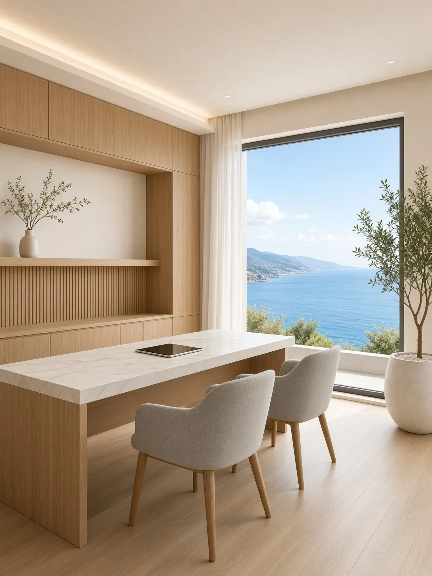 Calm consultation room with a view over the Mediterranean