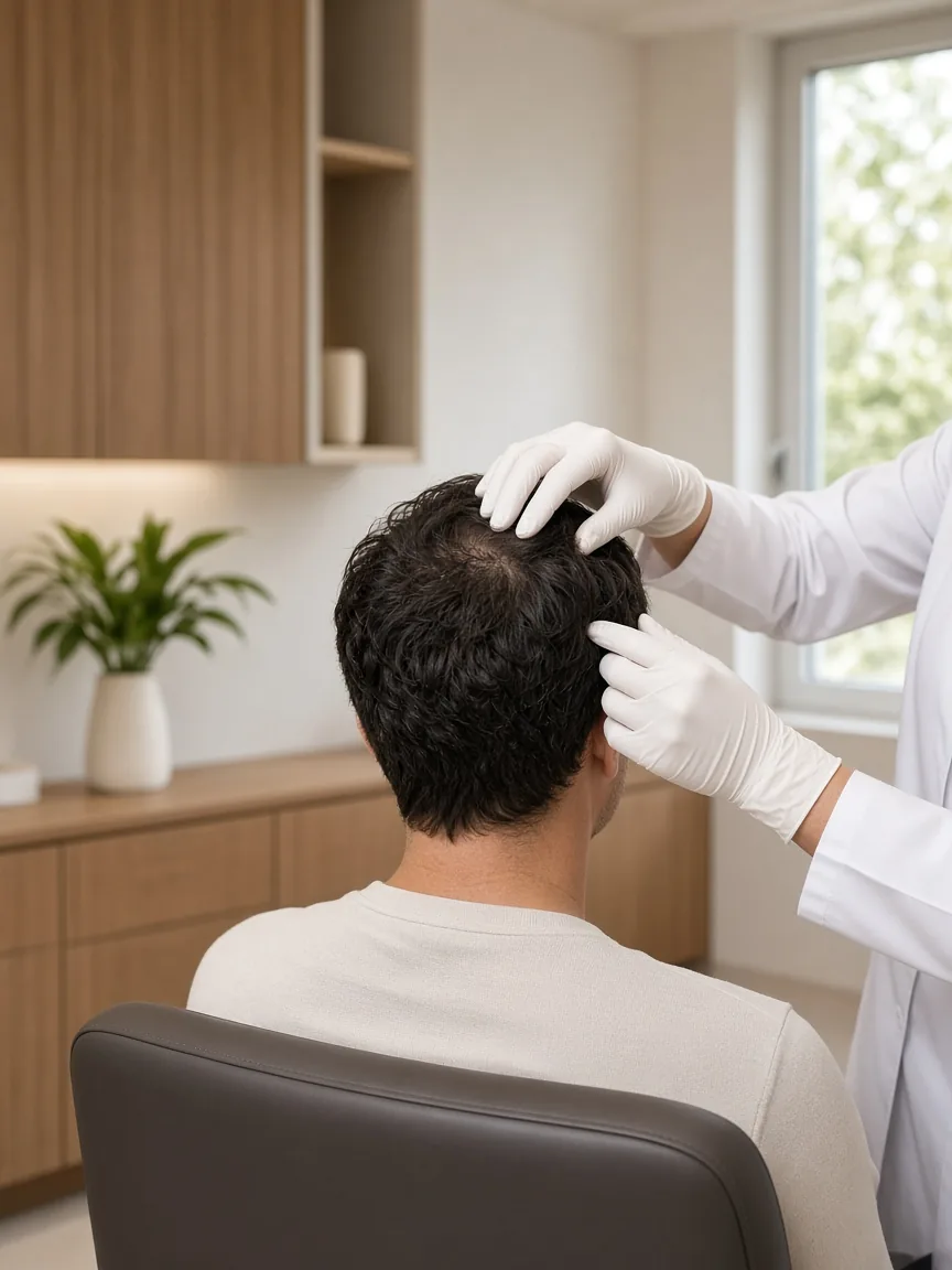 Clinician assessing a patient's hairline during a consultation