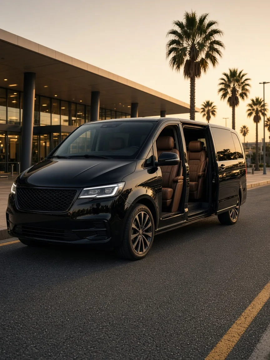 Private executive van waiting at the airport arrivals curb